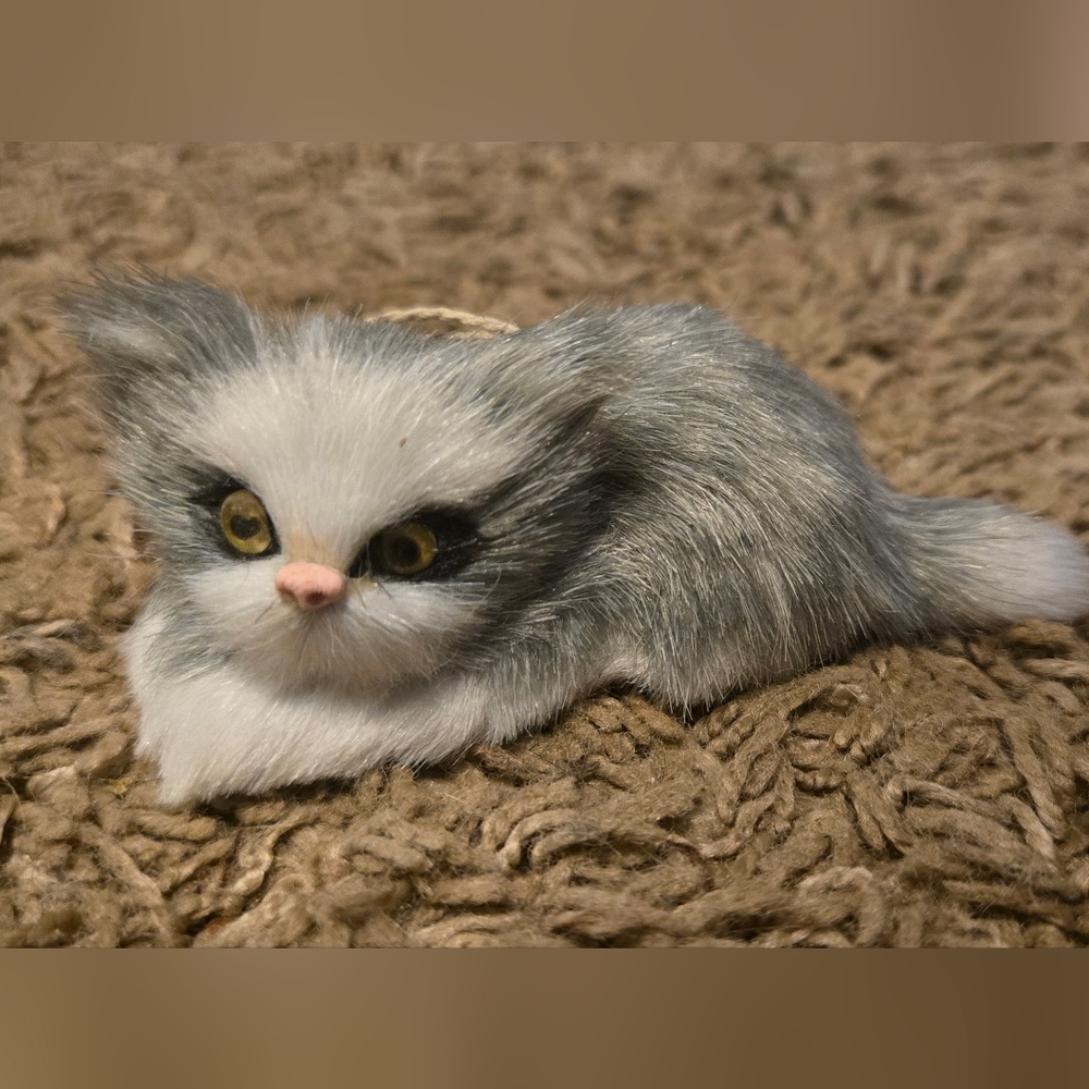 Vintage Realistic Cat Figurine Soft Rabbit Fur White Gray Laying Yellow Eyes